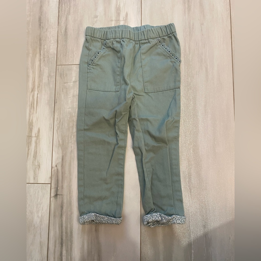 Oshkosh Light Olive Green Chino Pull-On Pants with Floral Trim, size 2T